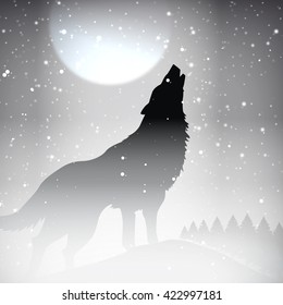 Stock Vector Misty Snow Scene Silhouette Wolf on mountain and full moon