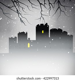 Stock Vector Misty Snow Scene Silhouette Castle with lights on in forest