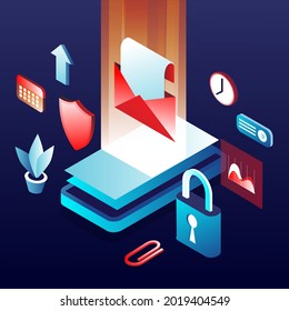 stock vector of mobile data security exposed with big phone lay down mail big lock shield clock and data statistic 