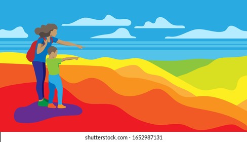 Vektorillustration-Mama mit kleinem Sohn auf dem Berggipfel, der nach vorn auf Gebirge und Himmel zeigt