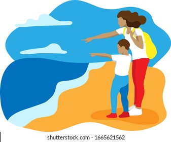 Stock vector mom with little son on the sea shore pointing forward against sea and sky. Flat design