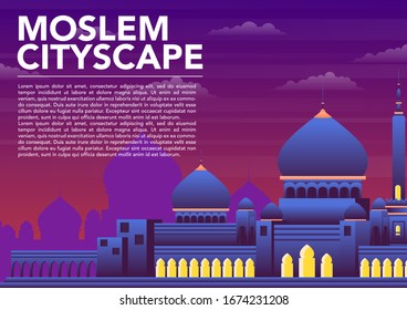 escena de construcción de mezquita vectorial. paisaje urbano de Moslem. construcción y monumentos, casa de culto, concepto arquitectónico ilustración vectónica plana