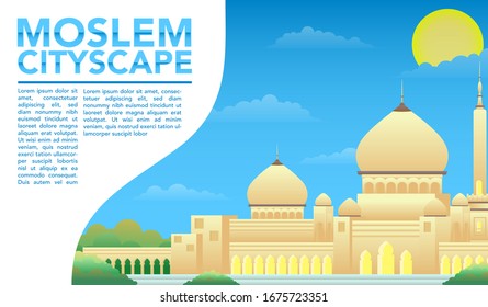 stock vector mosque building scene. moslem cityscape. building and landmarks, house of worship, architectural concept flat vector illustration