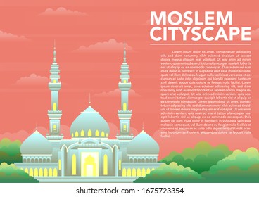 stock vector mosque building scene. moslem cityscape. building and landmarks, house of worship, architectural concept flat vector illustration