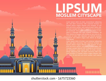 stock vector mosque building scene. moslem cityscape. building and landmarks, house of worship, architectural concept flat vector illustration