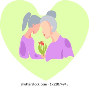 Stock Vector mothers day flat design illustration mother and daughter celebrate congratulate with flowers