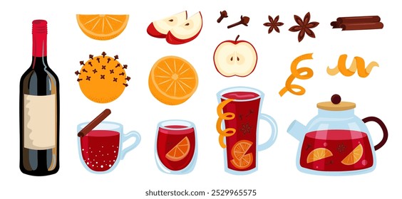 Stock vector mulled wine ingredients set. Punch in glass, mug, pot. Red wine bottle, citrus, spices. 