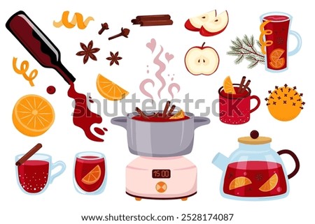 Stock vector mulled wine ingredients. Punch in glasses, mugs, pot. Red wine, citrus, spices. Vector illustration set.