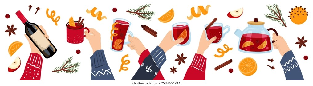 Stock vector mulled wine. Winter drinks. Hands with mug, glass, cup, teapot, bottle of wine. Fruits and spices. Vector illustration set.