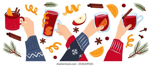 Stock vector mulled wine. Winter drinks. Hands with mug, glass, cup with wine. Fruits and spices. Vector illustration set.