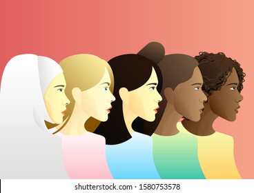 stock vector multi ethnic beauty. different ethnicity women: african, asian, chinese, european, latin american, arab. describe the struggle for rights, independence, and equality.