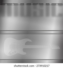 Stock vector - musical background with a guitar and an empty engraved frame blurred