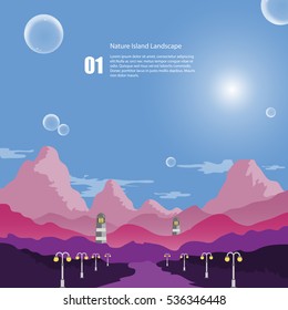 stock vector mystery purple forest with lighthouse and bubble in the sky