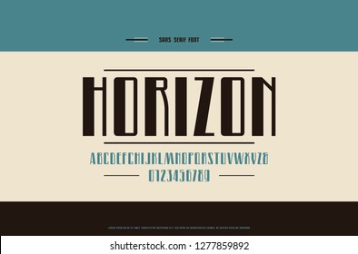 Stock vector narrow sans serif font, alphabet, typeface. Letters and numbers for logo and label design in art nouveau style