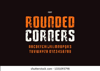 Stock vector narrow sans serif font with rounded corners. Letters and numbers with vintage texture for logo and label design in sport style. Color print on black background