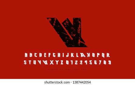 Stock vector narrow sans serif font. Futuristic style typeset. Letters and numbers with rough texture for sci-fi, military, space logo and headline design. Color print on red background