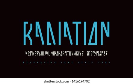 Stock vector narrow sans serif font in fantastic style. Letters and numbers for sci-fi, movie, cyber and space logo design. Isolated on black background