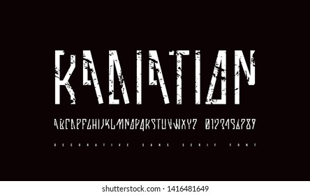 Stock vector narrow sans serif font in fantastic style. Letters and numbers with rough texture for sci-fi, movie, cyber and space logo design. Isolated on black background