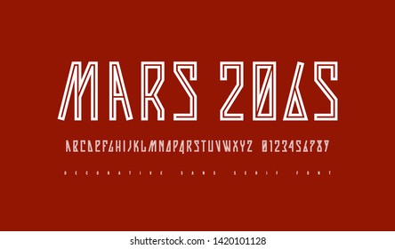 Stock vector narrow sans serif font with inner contour. Letters and numbers for sci-fi, movie, cyber and space logo design. Isolated on red background