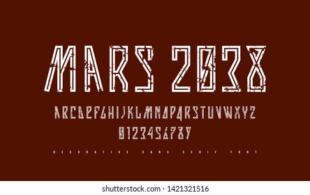Stock vector narrow sans serif font with inner contour. Letters and numbers with rough texture for sci-fi, movie, cyber and space logo design