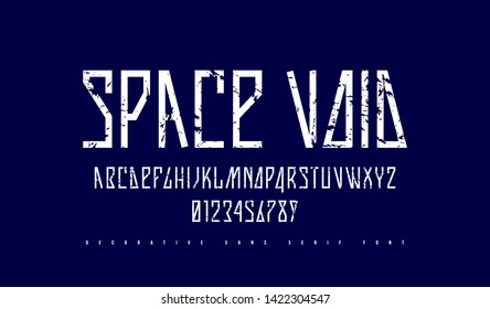 Stock vector narrow sans serif font in futuristic style. Letters and numbers with rough texture for sci-fi, movie, cyber and space logo design. Isolated on dark blue background