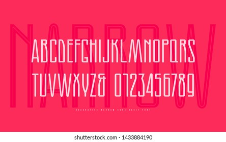 Stock vector narrow sans serif font with inner contour. Letters and numbers for logo and label design