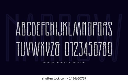 Stock vector narrow sans serif font with inner contour. Letters and numbers with vintage texture for logo and label design