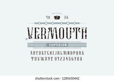 Stock vector narrow serif font, alphabet, typeface. Vermouth label template. Letters and numbers with vintage texture for alcohol logo and label design. Color print on white background