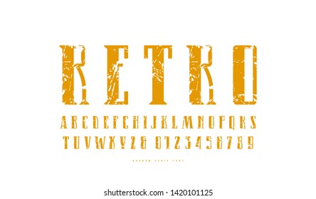 Stock vector narrow serif font. Letters and numbers with rough texture for logo and label design. Isolated on white background