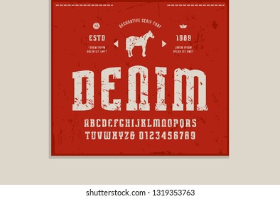 Stock vector narrow slab serif font and denim label template. Letters and numbers with rough texture for logo design