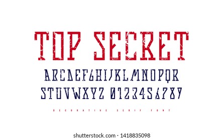 Stock vector narrow slab serif font in futuristic style. Letters and numbers with rough texture for sci-fi, movie, cyber and space logo design. Color print on white background