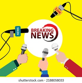 Stock Vector News Conference Press Media Interview 
Concept. News Microphones Tv Conference Microphone 
Hands Media Reporters Broadcasting.

