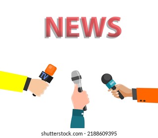 Stock Vector News Conference Press Media Interview 

Concept. News Microphones Tv Conference Microphone 

Hands Media Reporters Broadcasting.

