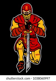 Stock vector ninja with sword stands on one knee. Acid color.