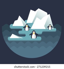 Stock Vector North Pole and penguins on the ice