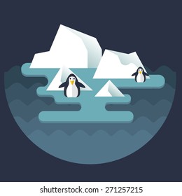 Stock Vector North Pole and penguins on the ice