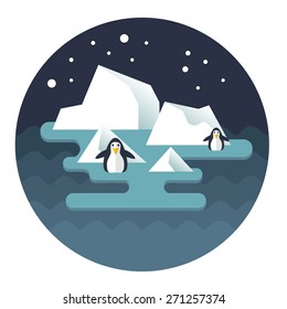 Stock Vector North Pole and penguins on the ice