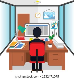 stock vector office workplace with table bookcase window business man or a clerk working at her office desk