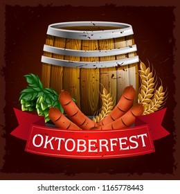 Stock Vector Oktoberfest Festival with Wooden Beer Barrel, Barley, and Sossis