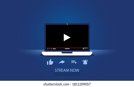 Stock vector online streaming media concept on laptop device. flat design promotions