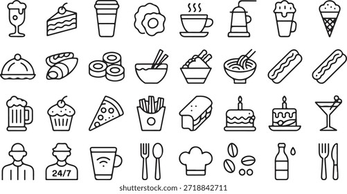 Los esquemas de los Vectores de stock muestran varios alimentos, bebidas, artículos de cocina y personal de hospitalidad, presentando una visión integral de imágenes relacionadas con las comidas en blanco y negro.