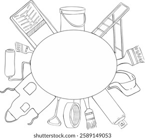 Stock vector oval frame with painter tools Paint can opener, color can, apron, bucket, can, Brush, Roller, Paint tray, Masking tape, Ladder, Step ladder. Graphic line ink illustration set
