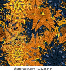 - stock. Vector. Pattern orange, blue, yellow, brown on colors. Seamless Cute fabric pattern. Abstract doodles pattern. It can be used on mug prints, baby apparels, wallpaper, wrapping boxes etc.