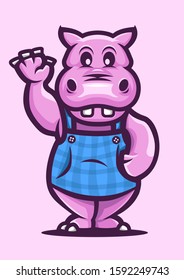 stock vector pink hippopotamus wearing apron mascot. logo, badge, and emblem with modern illustration concept style.