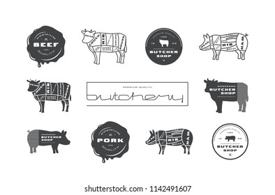 Stock vector pork, beef cuts diagrams, labels  and stamps for butcher shop. Isolated on white background