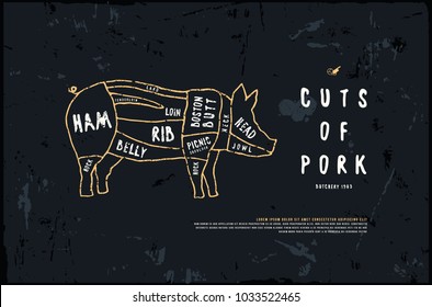 Stock vector pork cuts diagram in the style of handmade graphics. Illustration with rough texture. Color print on black background