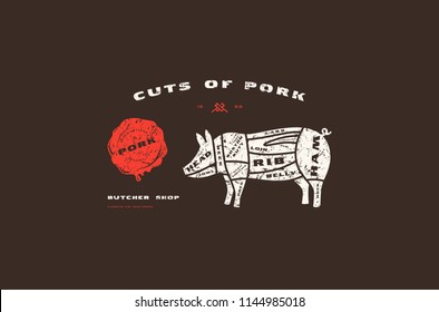 Stock vector pork cuts diagram in flat style. Design with rough texture. Color print on black background
