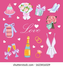 Stock vector postcard with wedding design elements. Bride’s bouquet, heels, cake, wine, present, macaroons and rings on pink background in cartoon style. 