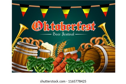 Stock Vector Poster of Oktoberfest Festival with Wooden Beer Barrel, Barley, Pretzel, Barley Hops and Sossis.eps