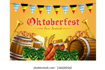 Stock Vector Poster of Oktoberfest Festival with Wooden Beer Barrel, Barley, Pretzel, Barley Hops and Sossis Invitation Flyer Poster II